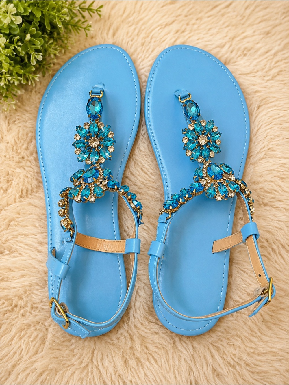 Light Blue Jeweled T-Strap Women's Sandals